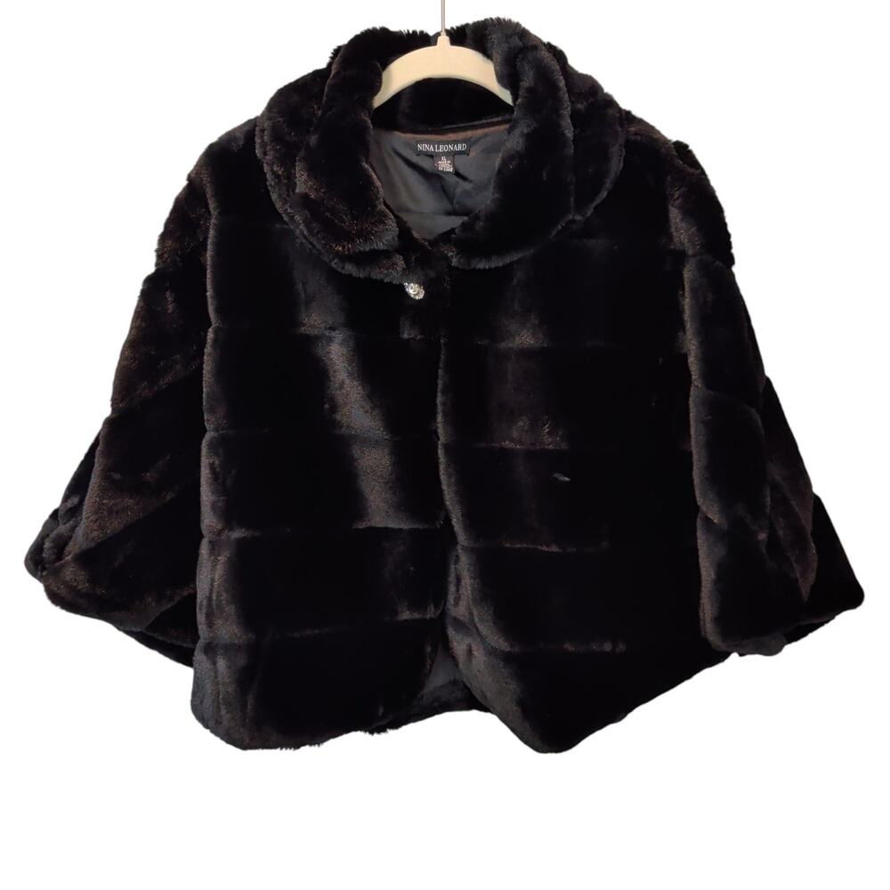 Nina Leonard Women's Sz XL Black Faux Fur Capelet Shrug Formal Event Winter
